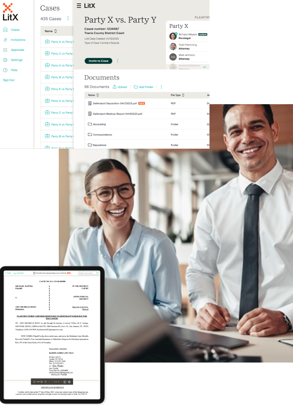 Screenshots of a paralegal and a lawyer using the LitX app